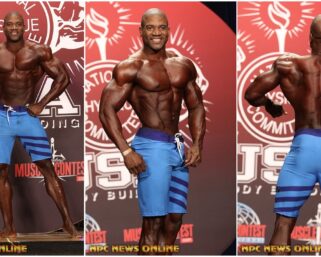 2019 IFBB LOS ANGELES GRAND PRIX 3RD PLACE XAVISUS GAYDEN MENS PHYSIQUE POSING ON STAGE.